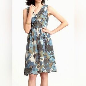 Banana Republic Blue, Gray & Green Floral 100% Silk Summer Midi Dress